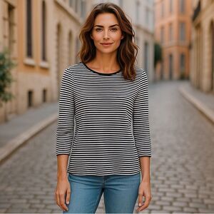 J.Jill Wearever Tunic Sweater Top Stripe Black White Staple Mature Size M Petite